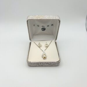 Vintage Roman CZ and Faux Pearl Necklace and Earring Set NIB